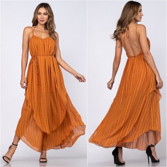 New STUNNING Women’s Caramel Layered Open Back Sexy Elegant Maxi Dress - Picture 2 of 6